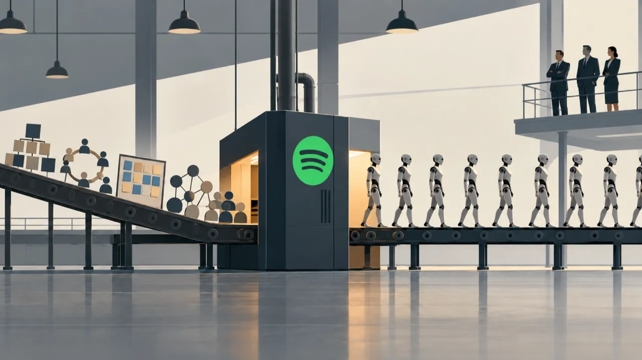Esteira de fábrica em que organogramas, círculos de times, quadros de post-its e redes de pessoas entram numa máquina com o logotipo da Spotify e saem do outro lado como uma fila de robôs idênticos, observados de um mezanino por três executivos
